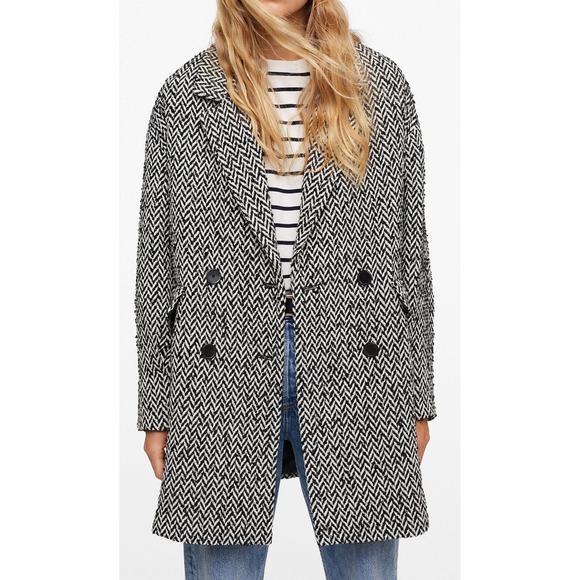 Mango Oversized Double Breasted Herringbone Coat Black White SZ S Classic Chic - Picture 1 of 9